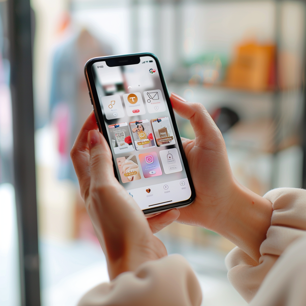 Mains tenant un iPhone montrant l'écran d'accueil avec applications Meta visibles incluant Instagram, illustrant l'utilisation mobile des plateformes sociales pour le commerce digital et les ventes en ligne