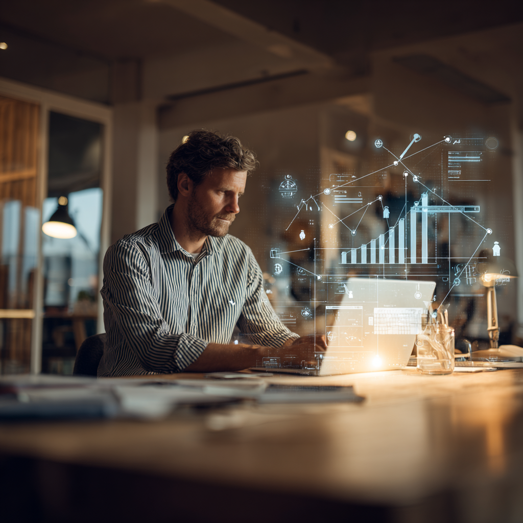 Entrepreneur professionnel travaillant sur laptop dans bureau moderne avec hologrammes de données digitales, graphiques de croissance et réseaux flottant autour de lui, illustrant l'analyse web et la réussite business en ligne