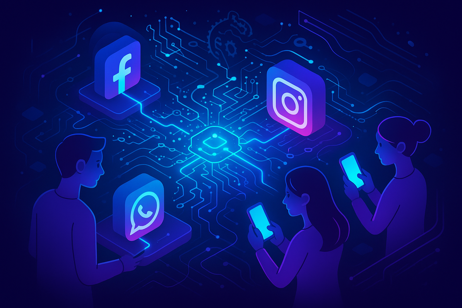 Illustration numérique futuriste montrant l'écosystème Meta avec logos Facebook, Instagram et WhatsApp flottant au centre de circuits technologiques, entourés de silhouettes d'utilisateurs connectés sur leurs smartphones dans un environnement cyber bleu