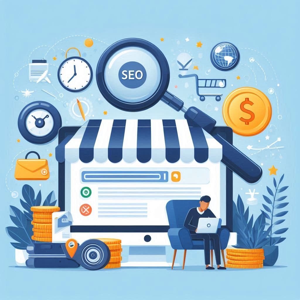 Illustration d'un écran d'ordinateur transformé en boutique en ligne avec auvent rayé, entouré d'icônes SEO, horloge, pièces d'or, globe terrestre et entrepreneur travaillant sur laptop, symbolisant l'écosystème digital moderne